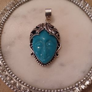 Blue Turquoise Carved Goddess Face Drop Pendant